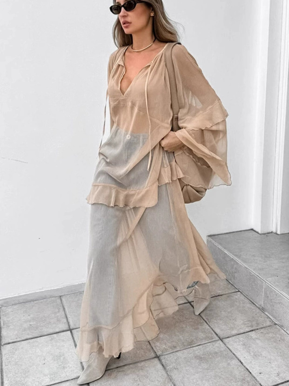 ZARA Women Khaki Ruffle Long Sun Protection Cover Up Dress Spring Summer Fashion